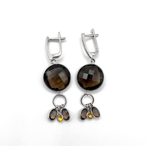 Smokey Quartz 18.15 CT Dangle Silver Tone Earrings - Picture 1 of 3
